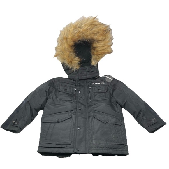 Diesel Boys Black Parka Jacket w/Removable Faux Fur Hood‎ Size 5-6Heavyweight